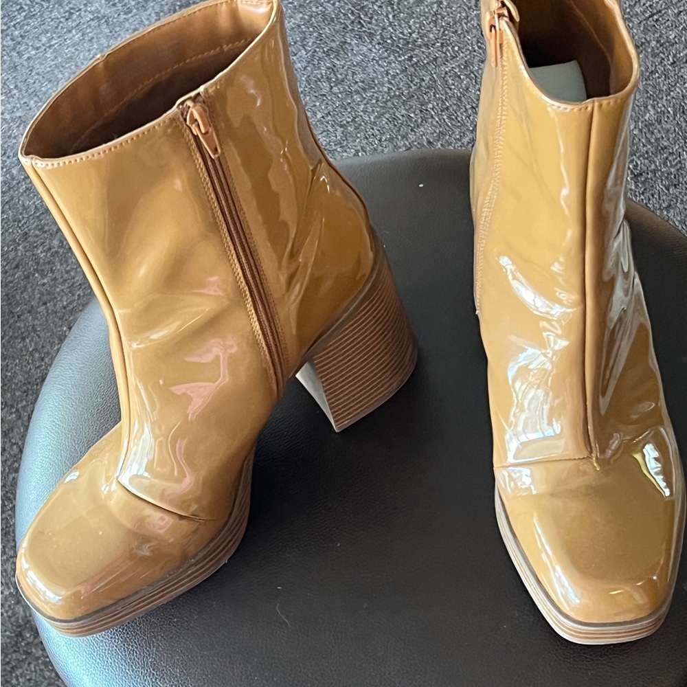 Tan Patent Leather Ankle Boots